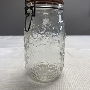 Vtg Raised Tall‎ Glass Sugar Canister Jar Metal Clamp Lid Fruit Decor 1.5L